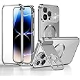 ksscaly Case for iPhone 14 Pro Max with Camera Invisible Stand [Compatible with MagSafe] 360 Degree Protection Magnetic Absorption Metal Bumper Front Glass and Back PC Cover (Silver)