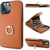 Folosu Compatible with iPhone 12 Pro Max Case Wallet with Card Holder, 360°Rotation Finger Ring Holder Kickstand Protective RFID Blocking PU Leather Double Buttons Flip Cover 6.7 Inch Brown