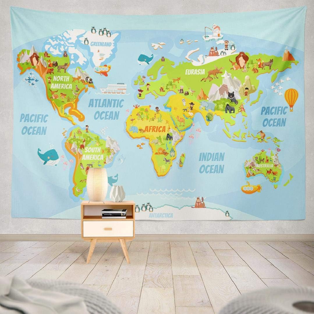 KJONG Nature-Landscape Wall Tapestry,Cartoon World Map with Funny Animals Sea Various Wall Tapestry, 80X60 Inches Wall Hanging Tapestry Wall Art for Bedroom Living Room, Cartoon World Map