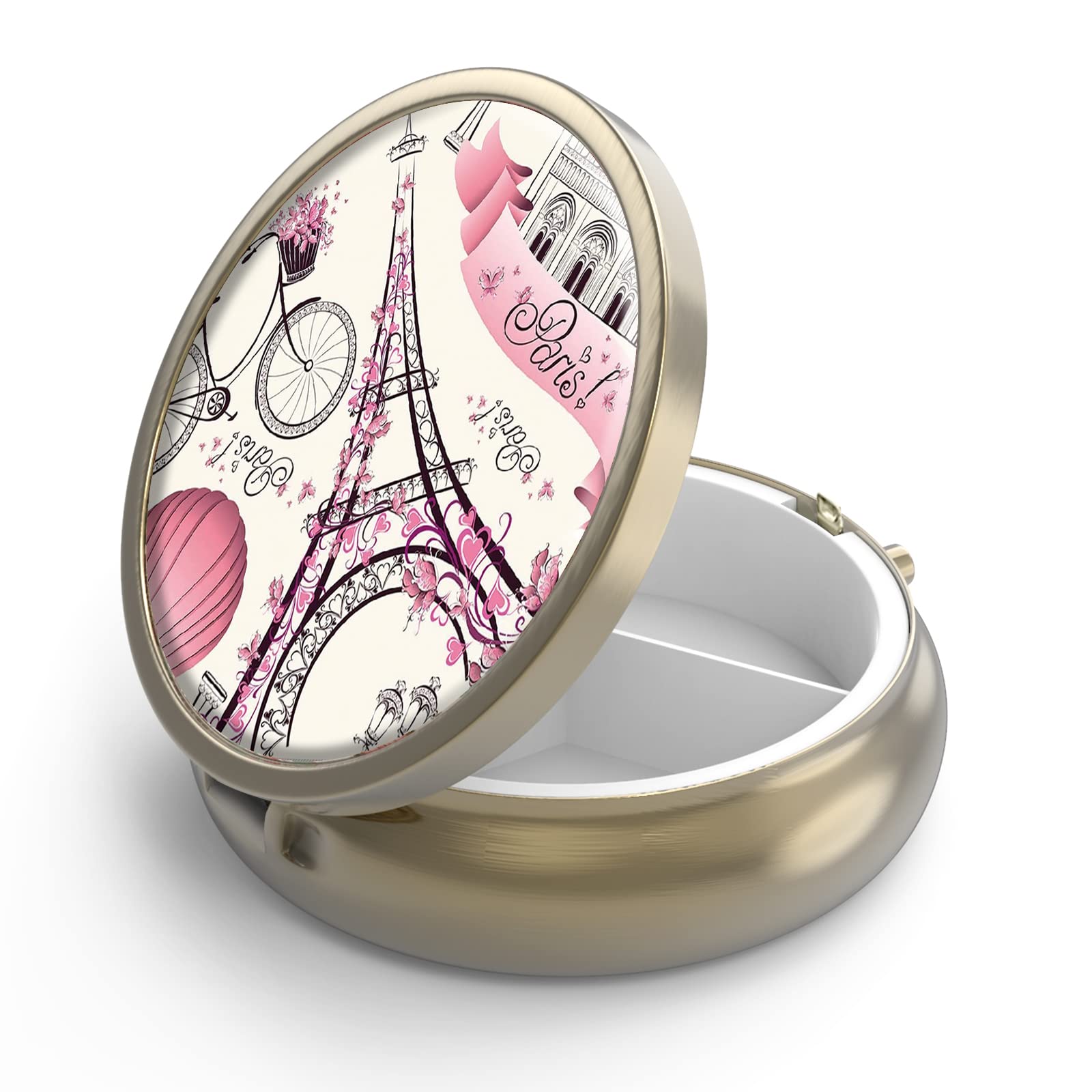 Pill Case Pill Box with Mirror Retro 3 Compartment Small Pill Case for Purse or Pocket Bronze Small Roud Pill Box or Vitamins, Fish Oil, Supplements, Pill Containe Travel Gifts（Paris Eiffel Tower）