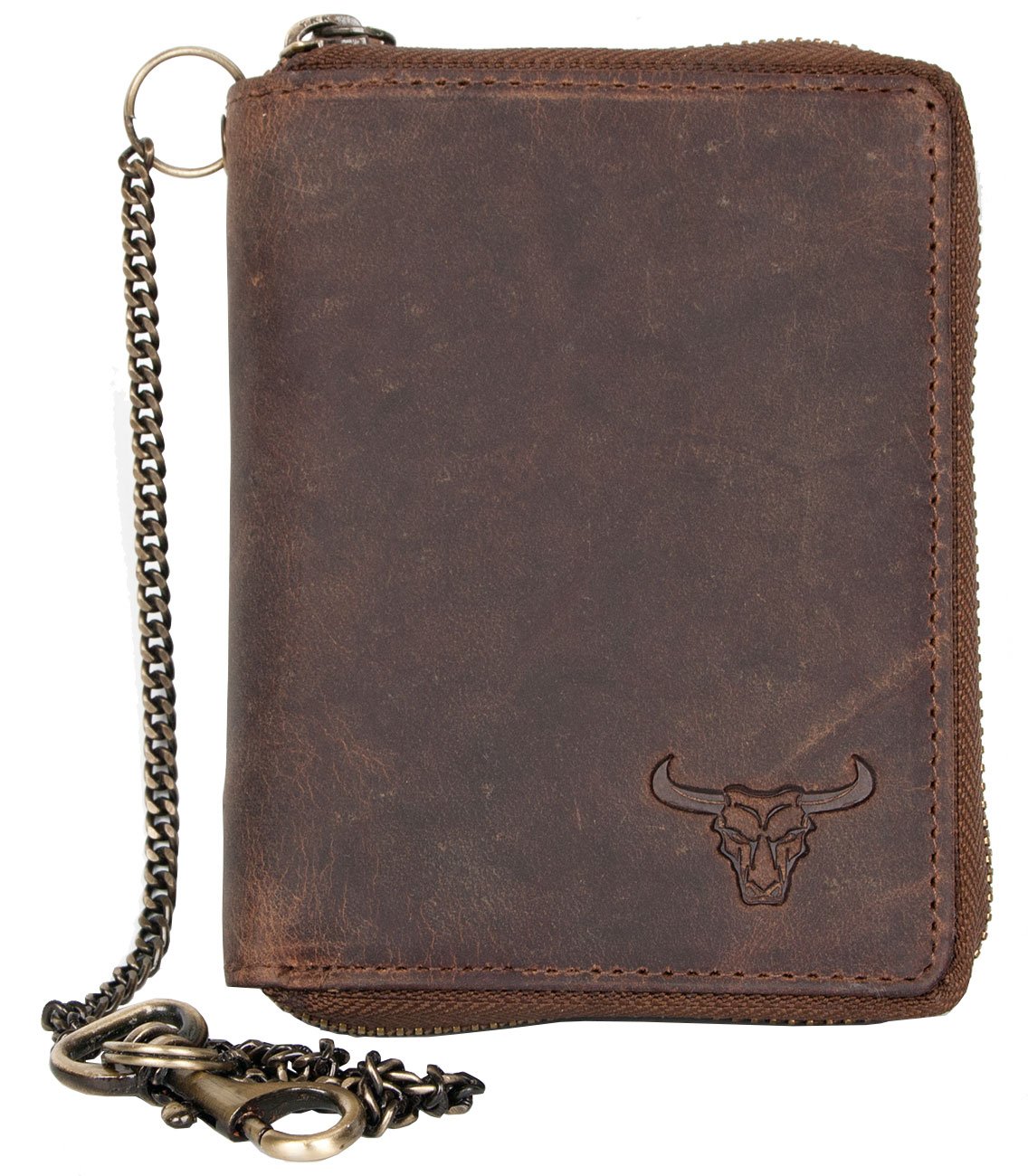 Genuine Leather Wallet with Metal Zipper Around and a Chain with a Bull Head