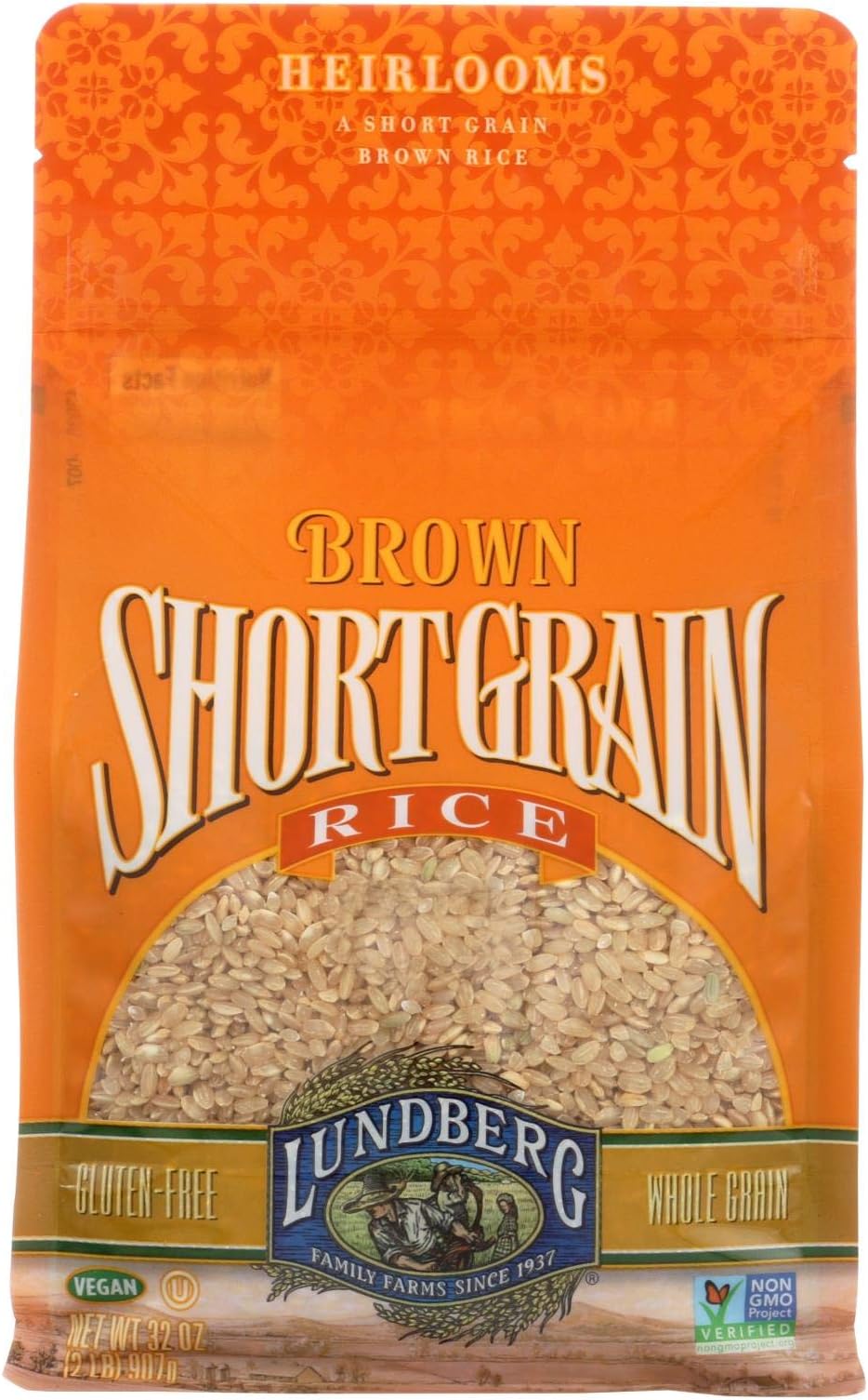 Lundberg Family Farms - Brown Short Grain Rice, Subtle Nutty Aroma, Clings When Cooked, 100% Whole Grain, High in Fiber, Vitamins & Minerals, Pantry Staple, Gluten-Free, Non-GMO, Vegan (32 oz, 6-Pack)