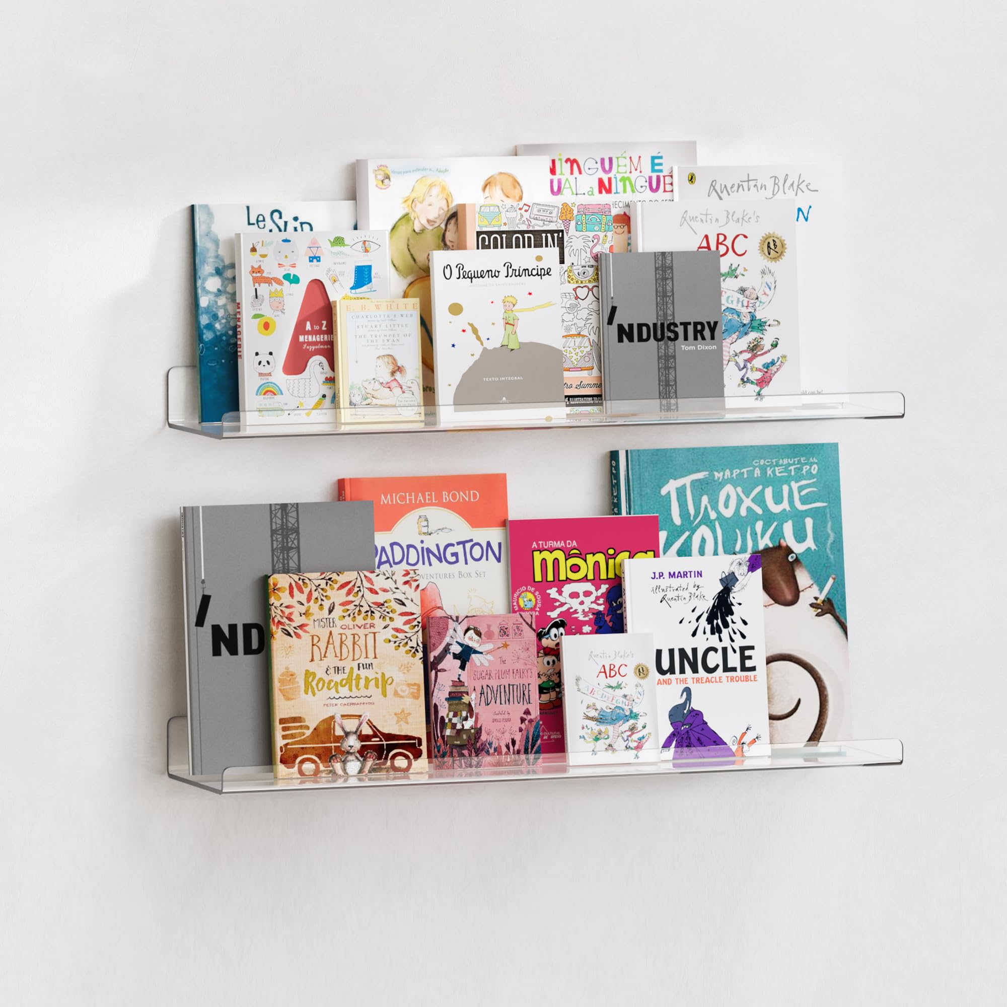 upsimples 2 Pack 23.6x5.5 Inches Acrylic Shelves for Wall Storage, Floating Bookshelves for Kids, Display Shelf Organizer for Bathroom, Bedroom, Living Room, Kitchen, Clear Image