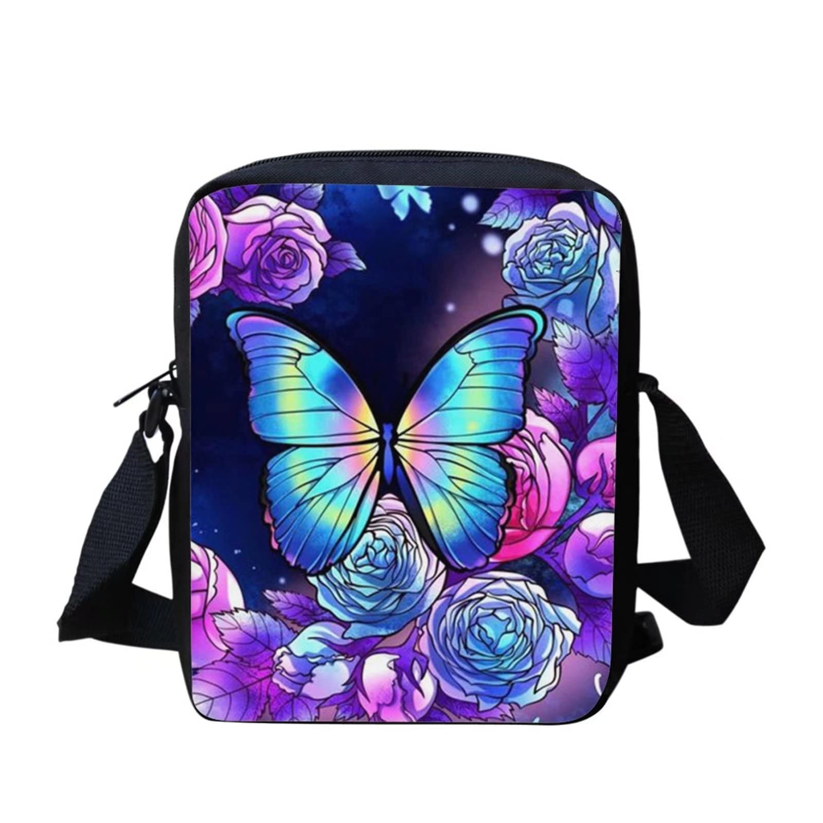 HELLHERO Butterfly Crossbody Purse for Women Girls Kids Shoulder Messenger Bag Rose Handbag Cross-over Bags Neck Wallet Travel Flight Sling Bookbag Phone Holder for Hiking Beach Camping Bushiness