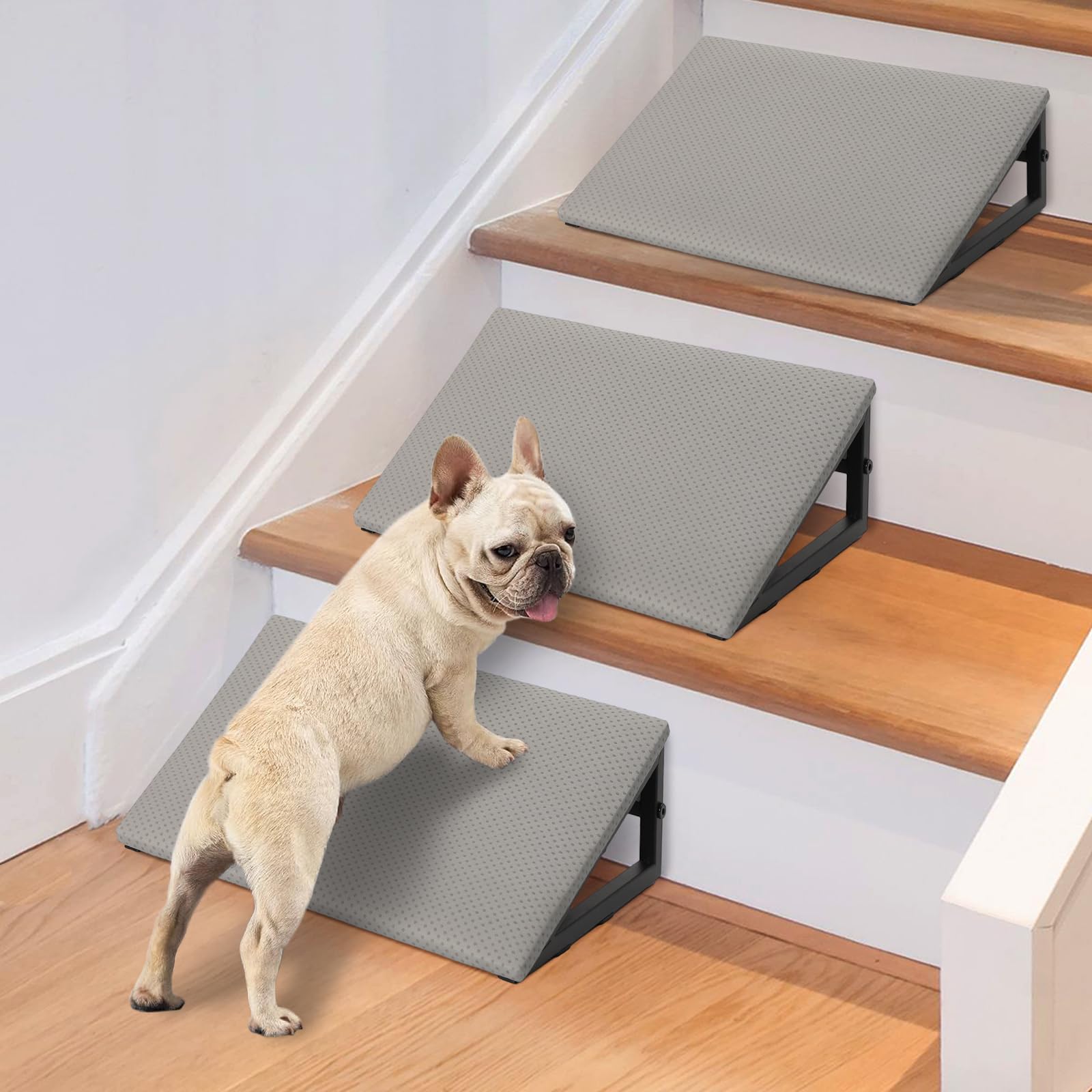 Photo 1 of 3 PCS Dog Ramps for Staircase - LitaiL Pet Stairs for Staircase with Anti-Slip Bottom Suitable for Small Dogs, 3 Packs Extra Wide Metal Frame Dog Ramp for Injured and Older Pets (Grey)