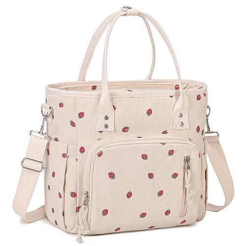CuriBox Lunch Bag for Women Men - Corduroy Lunch Tote Bag Reusable Insulated Lunch Box Adult Leakproof Portable Large Cooler Tote Bags for Work Picnic or Travel (Beige Strawberry)