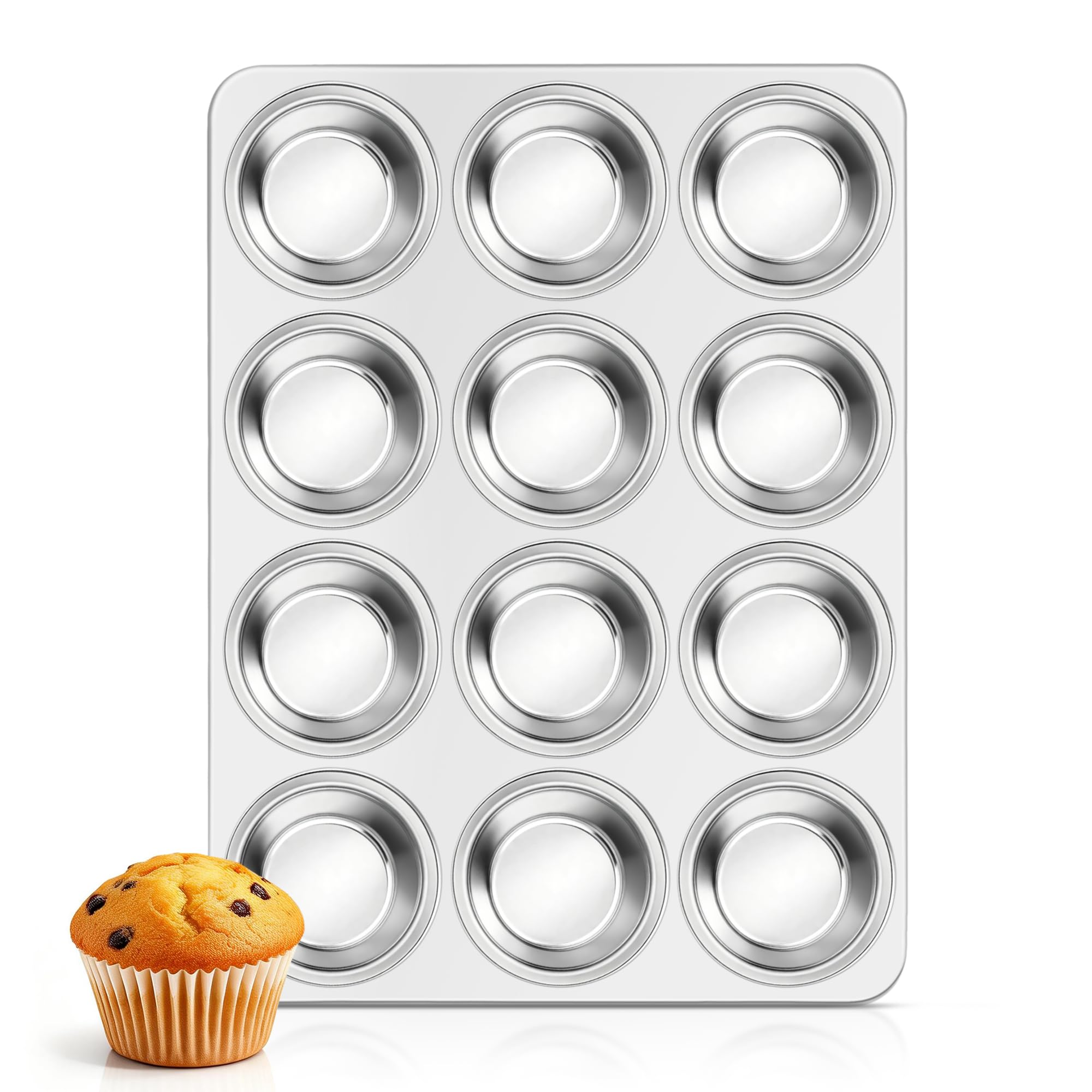 Homikit Muffin Tin 12 Cup, Stainless Steel Yorkshire Pudding Tray for Baking, Cupcake Moulds for Pudding/Pie/Brownies/Muffin/Cupcakes, Non Toxic & Heavy Duty, Oven & Dishwasher Safe