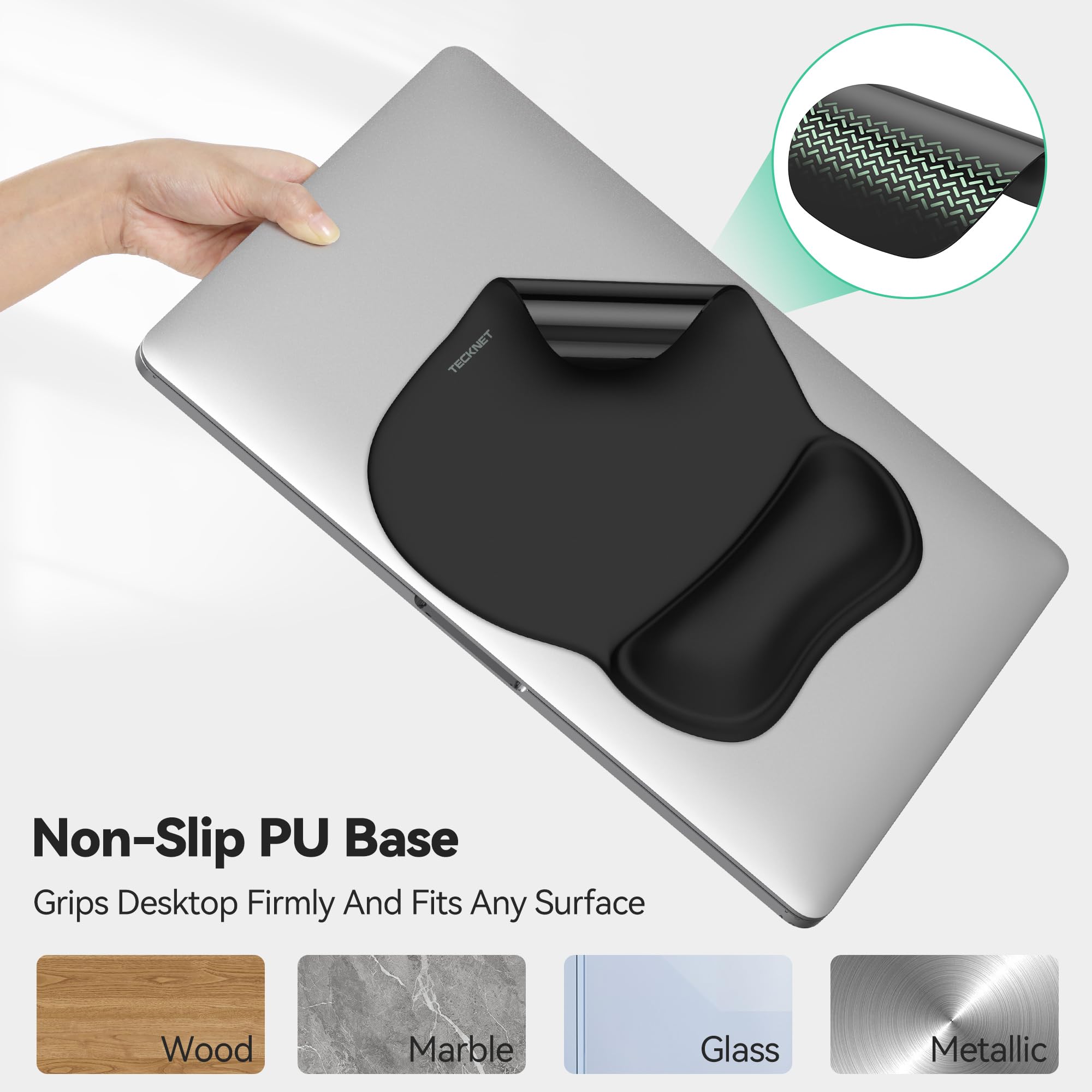 TECKNET Mauspad mit Gelkissen, Ergonomisches Mousepad mit Handauflage, Glatter Handgelenkstütze zur Schmerzlinderung, rutschfeste PU-Basis, Komfort Mauspad für Büro Home und Gaming 5