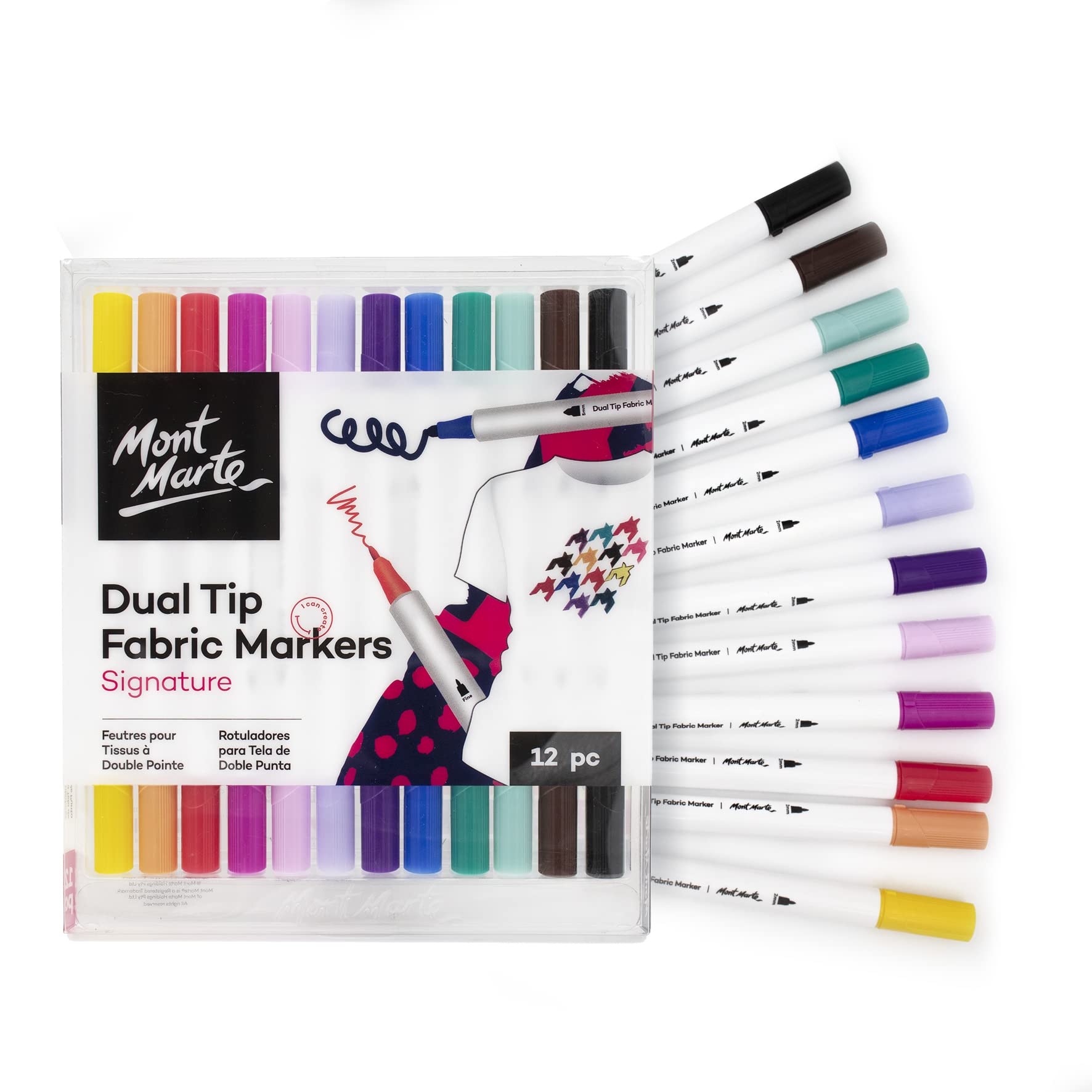 MONT MARTE Fabric Pens Set – 12 pieces – Textile Markers with brilliant Colours – Dual Tip Fabric Markers – Permanent for Clothes