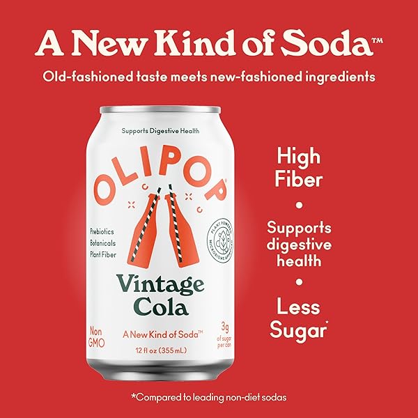 OLIPOP PREBIOTIC SODA POP, VINTAGE COLA,PANTRY PACK PACKED WITH PREBIOTICS, FIBER, AND BOTANICALS, GLUTEN FREE, VEGAN, GMO FREE, 12OZ (12-CANS)