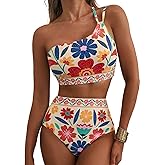 Herseas Women's High Waisted Bikini Sets One Shoulder Floral Print Swimsuits 2 Piece Tummy Control Bathing Suits