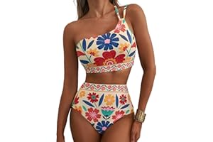 Herseas Women's High Waisted Bikini Sets One Shoulder Floral Print Swimsuits 2 Piece Tummy Control Bathing Suits