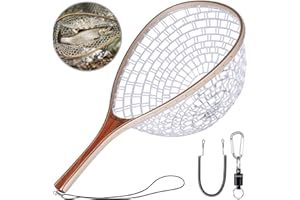 PLUSINNO Fly Fishing Net, Wooden Frame Fishing Landing Net with Magnetic Release, Soft Rubber Mesh Net for Trout Bass Catch and Release, Magnetic Fly Fishing Gear