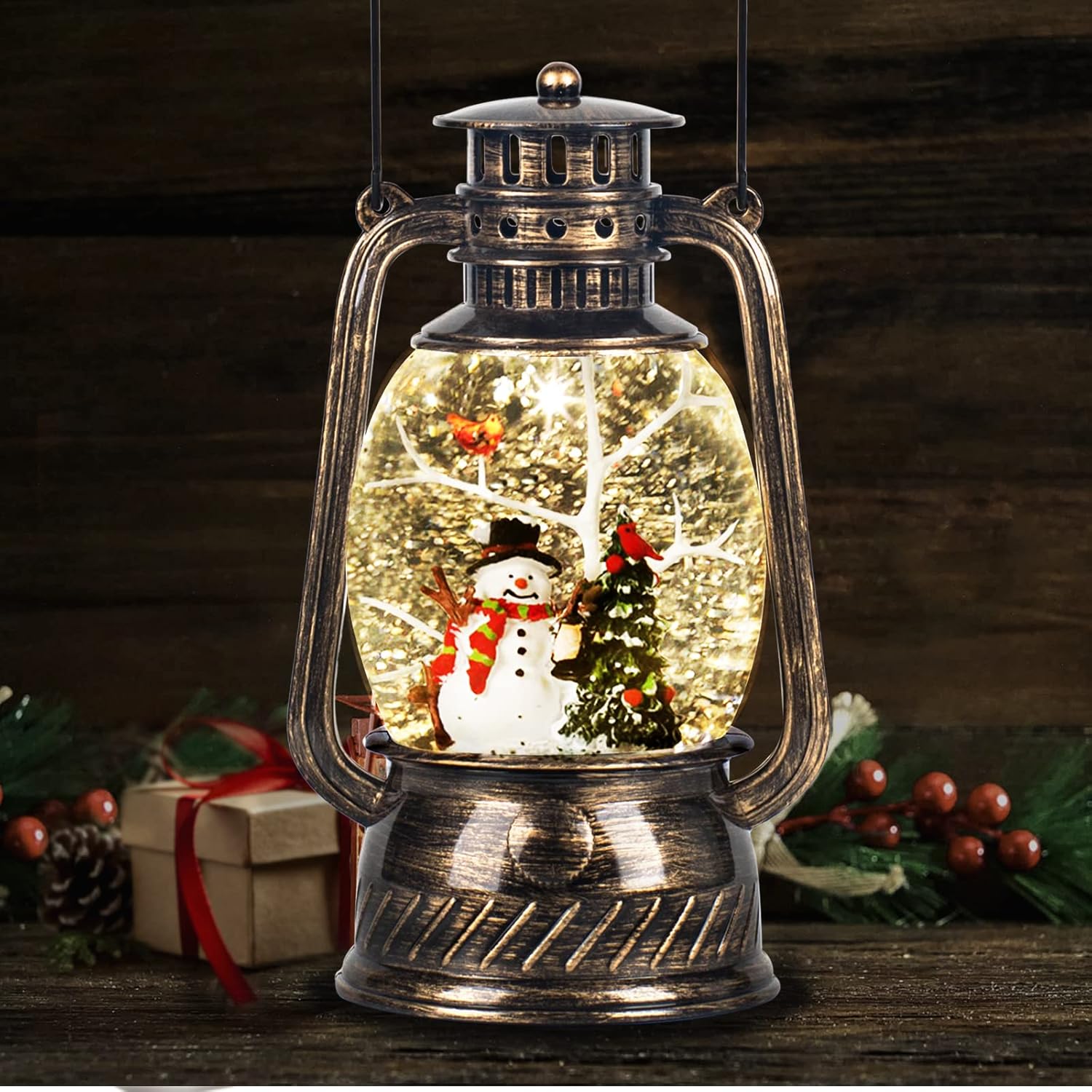 Snow Globes - TIJNN Snowball Lights Water Sparkling Snowman Christmas Tree Scene, Creative Retro Music Lanterns, Battery and USB-Powered Home Decorations, Children's （Bronze）