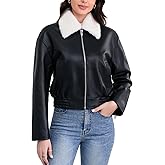 SILVER FASHIONS Leather Jacket Women,Cropped Lambskin Bomber Jacket,Removable Sherpa Collar, Zip Front, Elasticized Hem