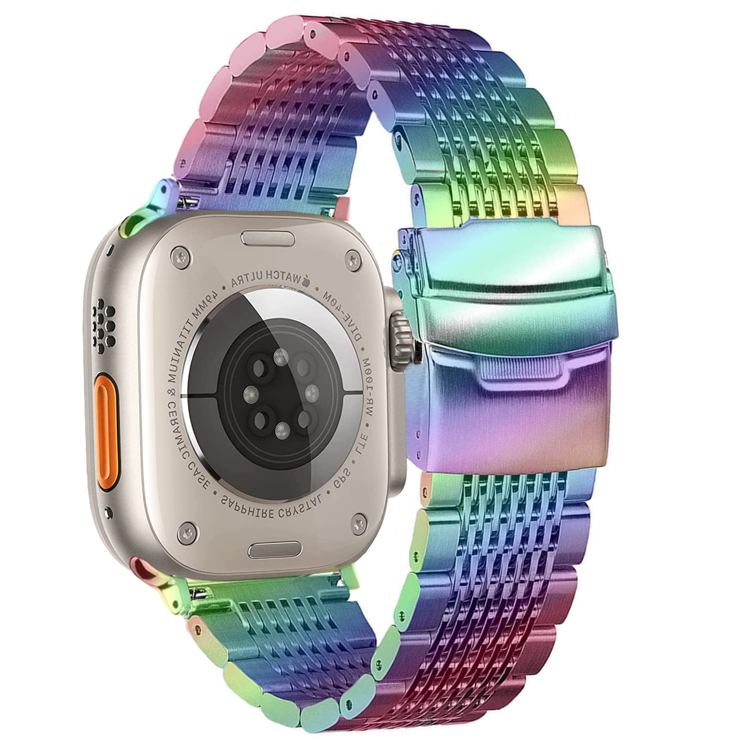 DEALELE Strap Compatible with iWatch 38mm 40mm 41mm, Solid 15-Rows Stainless Steel Metal Replacement Bracelet for Apple Watch Series 8 / 7 / 6 / 5 / 4 / 3 / SE Women Men, Rainbow