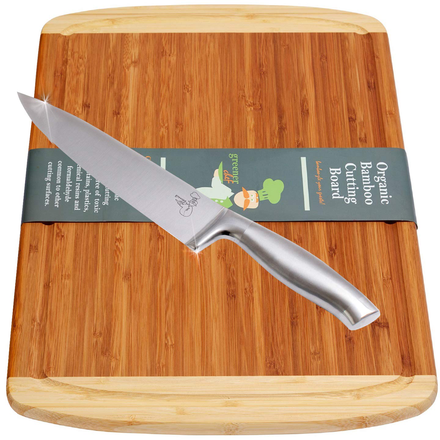 Greener Chef Extra Large Bamboo Cutting Board for Kitchen (17"x12") with 8" Chef Knife 2-in-1 Cooking Essentials Set - Best Housewarming Gift and Kitchen Gadgets for Home Chefs