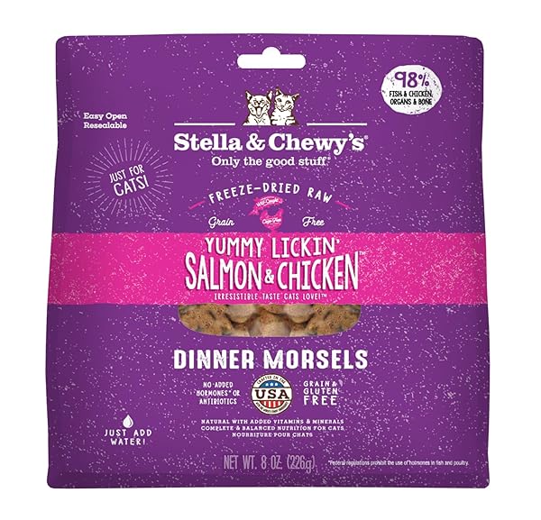 STELLA & CHEWY’S FREEZE-DRIED RAW CAT DINNER MORSELS – PREMIUM SALMON & CHICKEN RECIPE WITH 98% WILD-CAUGHT & CAGE-FREE PROTEIN – NATURAL GRAIN-FREE CAT & KITTEN FOOD – MADE IN USA – 8 OZ