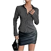 SweatyRocks Women's Striped Collar Long Sleeve Slim Fit Button Down Shirts Work Blouse