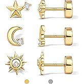 Dochais Flat Back Stud Earrings for Women and Men, Hypoallergenic 14k Gold Plated 925 Sterling Silver Post Stud Earrings Set, Gold and Silver Earrings with Screw for Sensitive Ears, Ideal for Helix, Tragus, and Cartilage Piercings