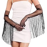 RONGXG Tassel Beads Glove for Women Long Mesh Sheer Opera Fringe Glove Evening Party Stretchy 1920s Bridal Mitten for Costume Party Wedding Halloween