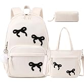 Similove Corduroy Backpack for Girls, 3PCS Kids Schoolbag with Tote Bag | with Pencil Case, 3D Embroidery Girls Backpacks, Y2K Bookback Dayback for Teens Elementary Middle High School(Beige Bow)