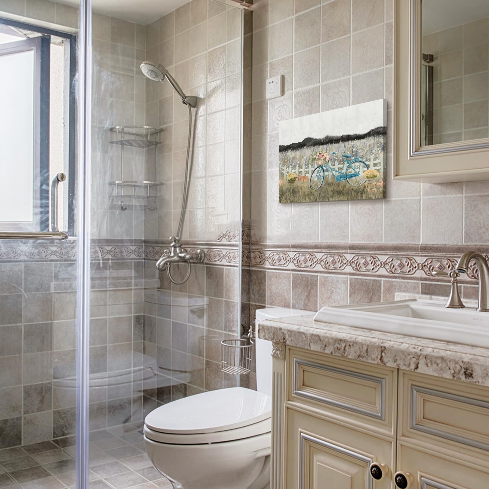 Farmhouse Decor Bathroom Fall Wall Art Vintage Boho Landscape Nature Canvas Picture Mountains, Bicycle Lavender Flowers Floral Neutral Small Artwork for Modern Organnic Country Rustic Cottagecore Bedroom