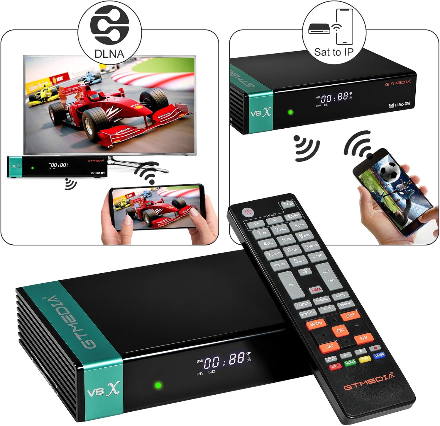 GTMEDIA V8X HD DVB-S/S2/S2X FTA Digital Satellite Receiver, Free to Air Built-in 2.4G WiFi TV Sat Decoder Supports Intelsat 901 at 27.5°W BBC Channel: Home Audio & Theater