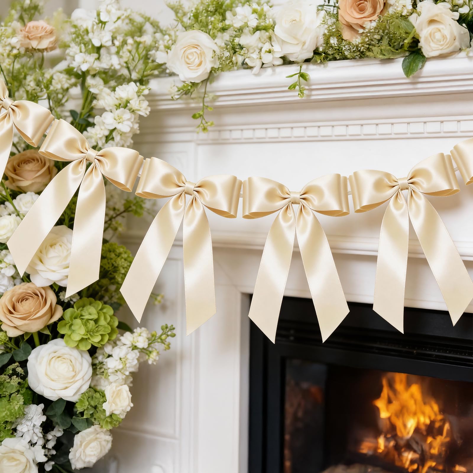 Photo 1 of 1-String Ivory Bow Garland Banner, 8 Pre-Strung Double-Loop Satin Ribbon Bows, Valentine’s Day Decor for Gender Reveal, Birthday & Wedding Party, Reusable Coquette Room Wall Mantel Table Window Decor