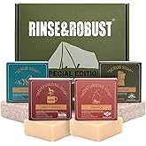 Rinse & Robust Mens Bar Soap Cleansing Bar Moisturizing & Exfoliating Scrub Soap Gift Set for Men | 4 in 1 Face Body Hand Beard Wash | Cinnamon, Lemon Cedar, Mint Ice Chips, Tobacco | 5.3 oz of 4 Bars