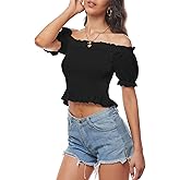 LYANER Women's Off Shoulder Shirred Short Sleeve Crop Blouse Tee Top