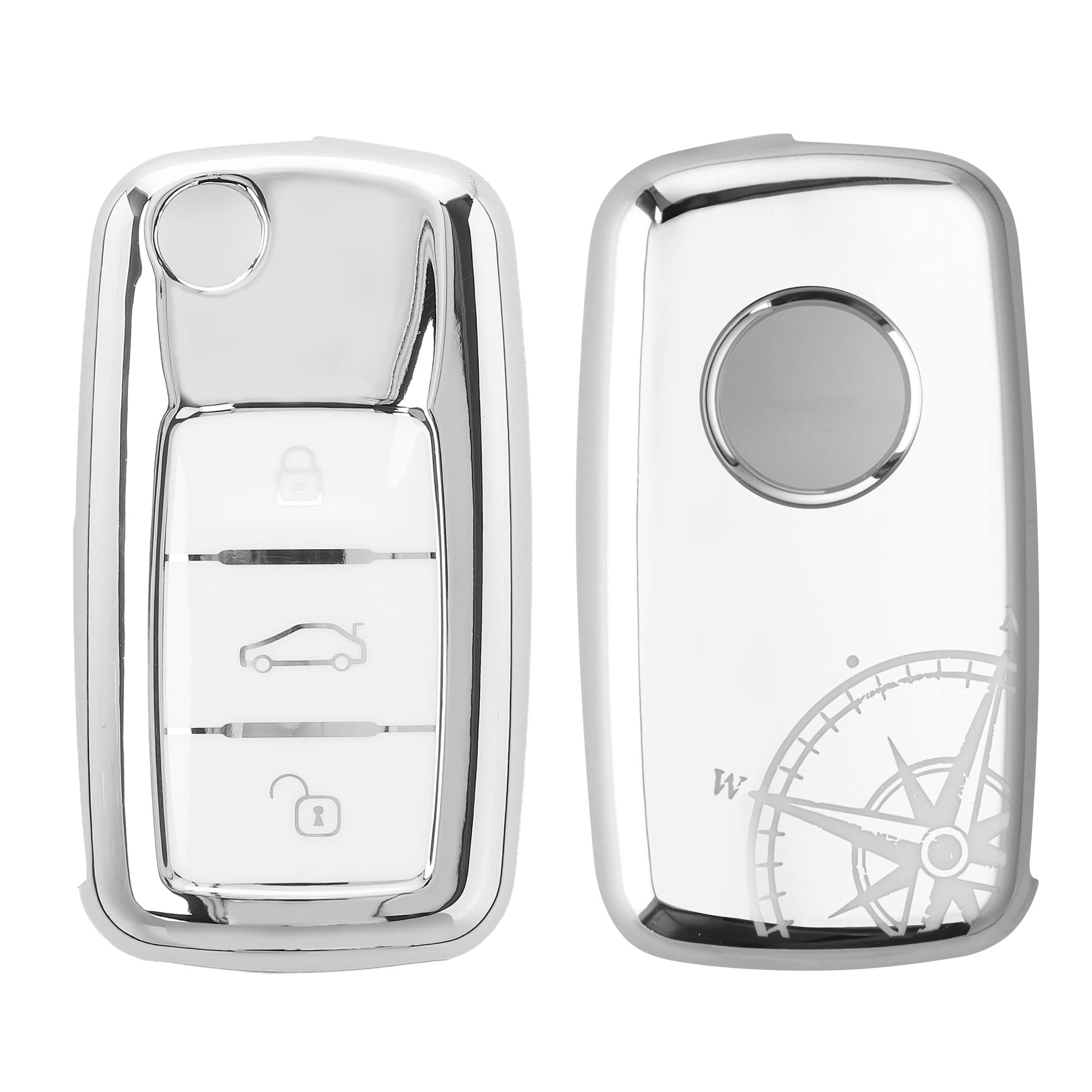 kwmobile Car Key Cover Compatible with VW Skoda SEAT 3 Button Car Key - Cover with Design - Navigational Compass White/Silver
