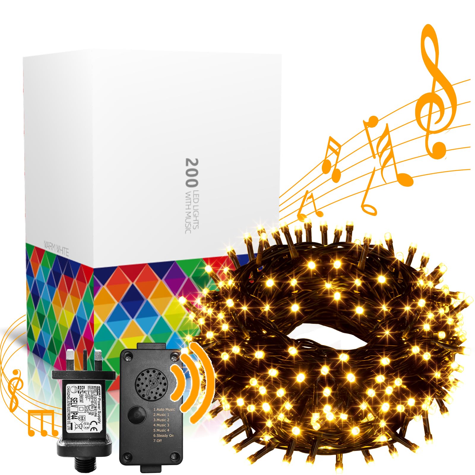 Eambrite Christmas Fairy Lights 20m 200 LED Warm White String Lights Mains Powered with Christmas Music Sync Waterproof Outdoor Lights Decorations for Party Indoor Outdoor Garden - Green Cable