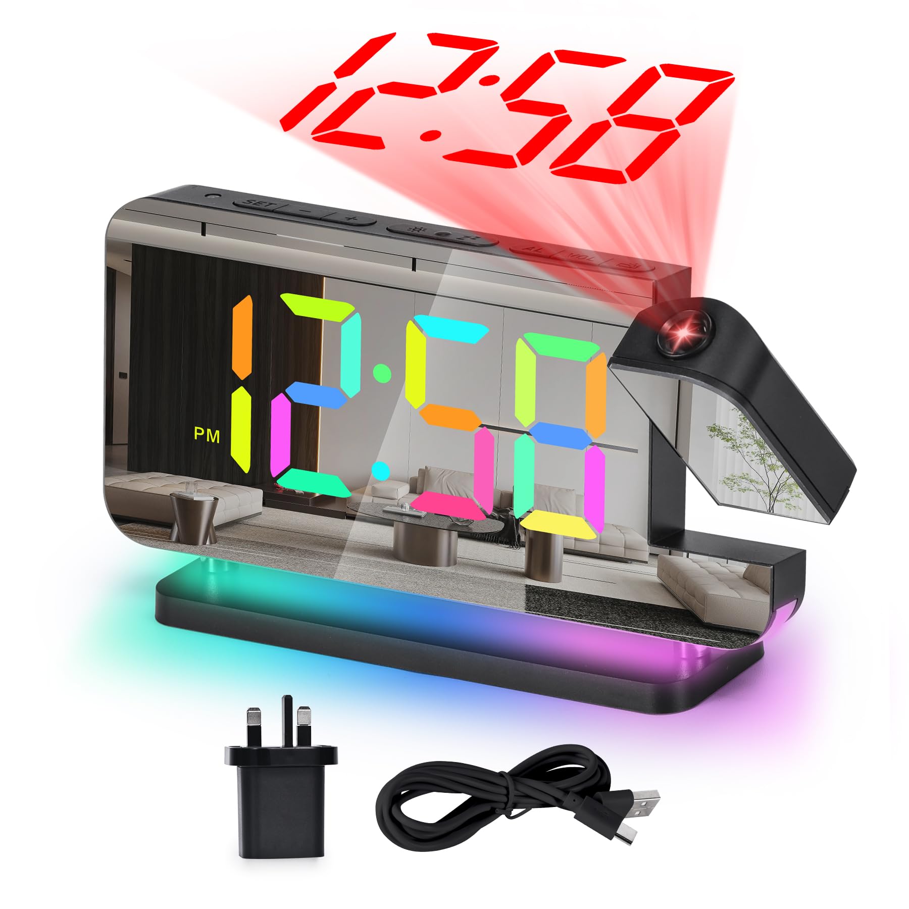 U-picks Digital Alarm Clock,Alarm Clock with Projection,7.4"LED Mirror Clock with 180°Rotating Projector,11 RGB Color Digital Display,10 Color Night Light,5 Level Volume Table Clock For Children,Girls