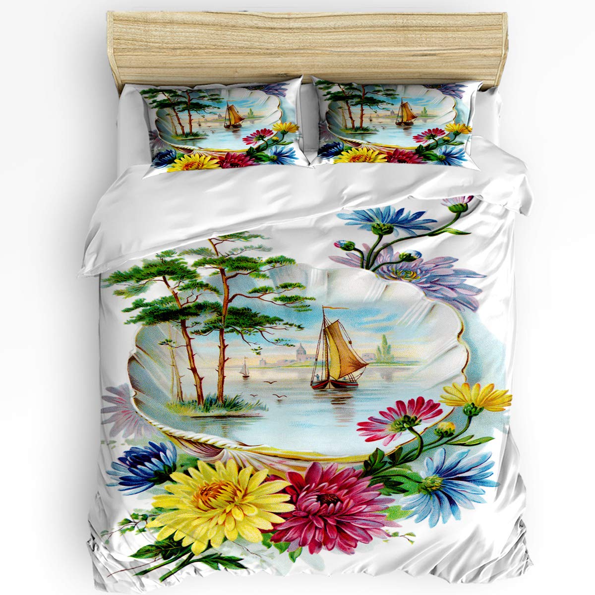 Home Bedding Set 3 Piece Duvet Cover Set Queen Size Fairy Garden, Vintage Style Floral Forest Ocean Soft Comforter Quilt Cover with Zipper Closure, 2 Pillow Covers for Children/Adults/Teens