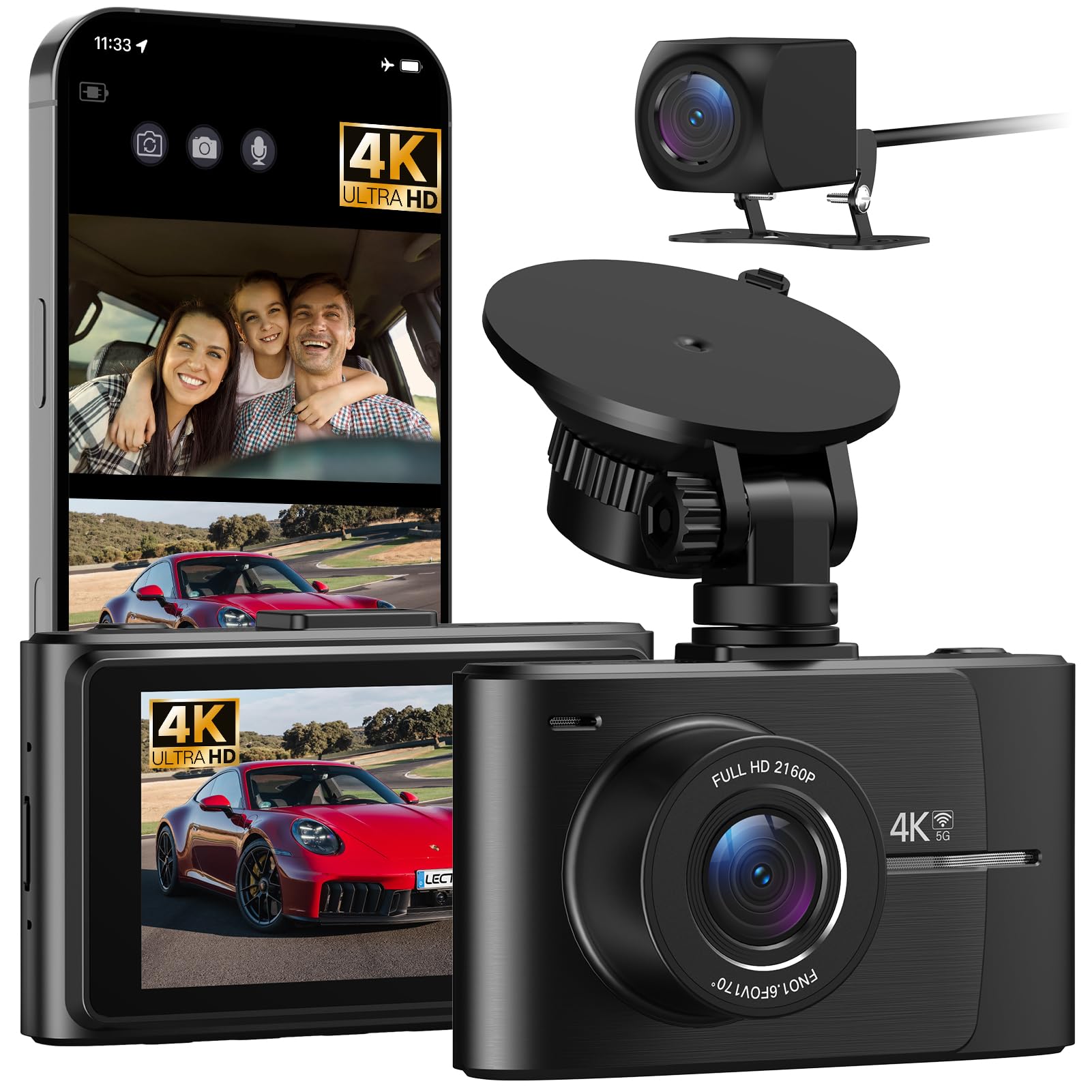 Photo 1 of LECTRUS 4K Dash Cam Front and Rear, 5G WiFi Dash Camera for Cars with 64GB SD Card, APP Control, Night Vision, 3" IPS Screen, G-Sensor, 24H Parking Mode, Loop Recording, D2B