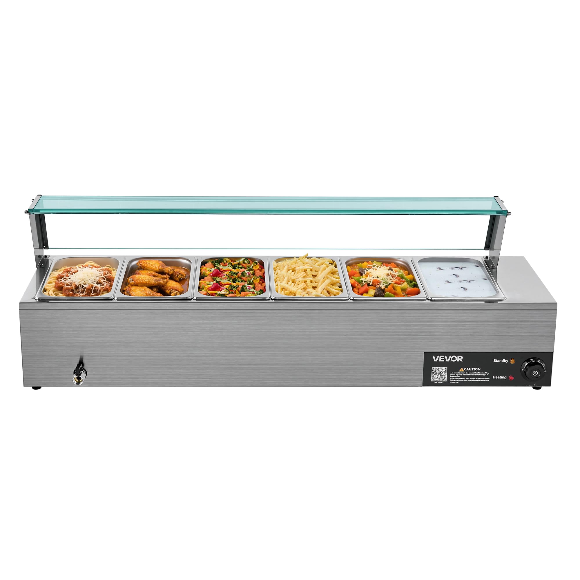 Photo 1 of VEVOR Commercial Food Warmer, 1500W Electric Stainless Steel Steam Food Warmer with Glass Cover, 6 x 1/3 Size Pans Buffet Bain Marie with Soup & Perforated Ladles, for Catering, Restaurant & Party