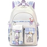 PRLINJSK Girls Backpack，Cute School Backpack for Girls Kids Teens，Kawaii Bookbag for Primary Elementary，White