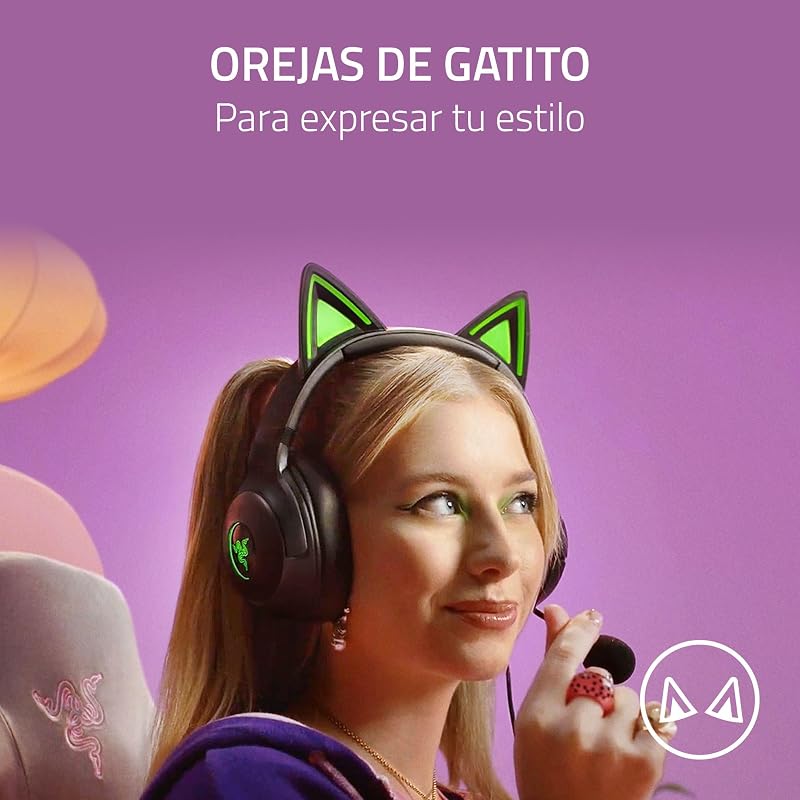 Kraken Kitty V2 - Auriculares RGB por Cable con Orejas de Gatito (Iluminación reactiva al Streaming, Micrófono cardioide HyperClear, Diafragmas de 40 mm Triforce, Sonido Envolvente 7.1) Negro