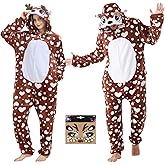 TIMSOPHIA Dalmatian Costume Adult, Deer Onesie Women Men Animal Onesies Plush Pajamas One-Piece Sleepwear Halloween Cosplay