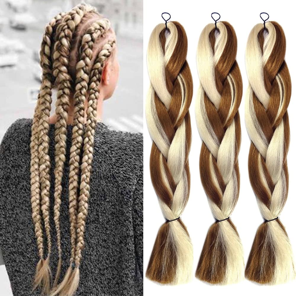 Colorful panda Pre Stretched Braiding Hair 24 Inch Yaki Texture Ombre Brading Hair Extensions for Box Braids Kanekalon Hair Fiber Crochet Hair Extensions for Braiding 3pc/pack Brown/blonde