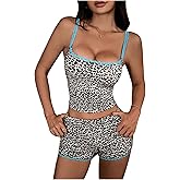BEAUDRM Women's 2 Piece Pajama Set Y2K Leopard Print Lace Trim Cami Crop Top and Shorts Sleepwear Set Cheetah Pjs Loungewear