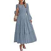 BTFBM Spring Dresses for Women 2026 Casual Long Sleeve V Neck Elastic Waist Lightweight Maxi Wedding Guest Dress Pockets