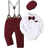 YALLET Baby Boy Outfits Suits Infant Formal Dress Clothes Gentleman Wedding Print Shirt+Beret Hat+Suspender Pants+Bowtie