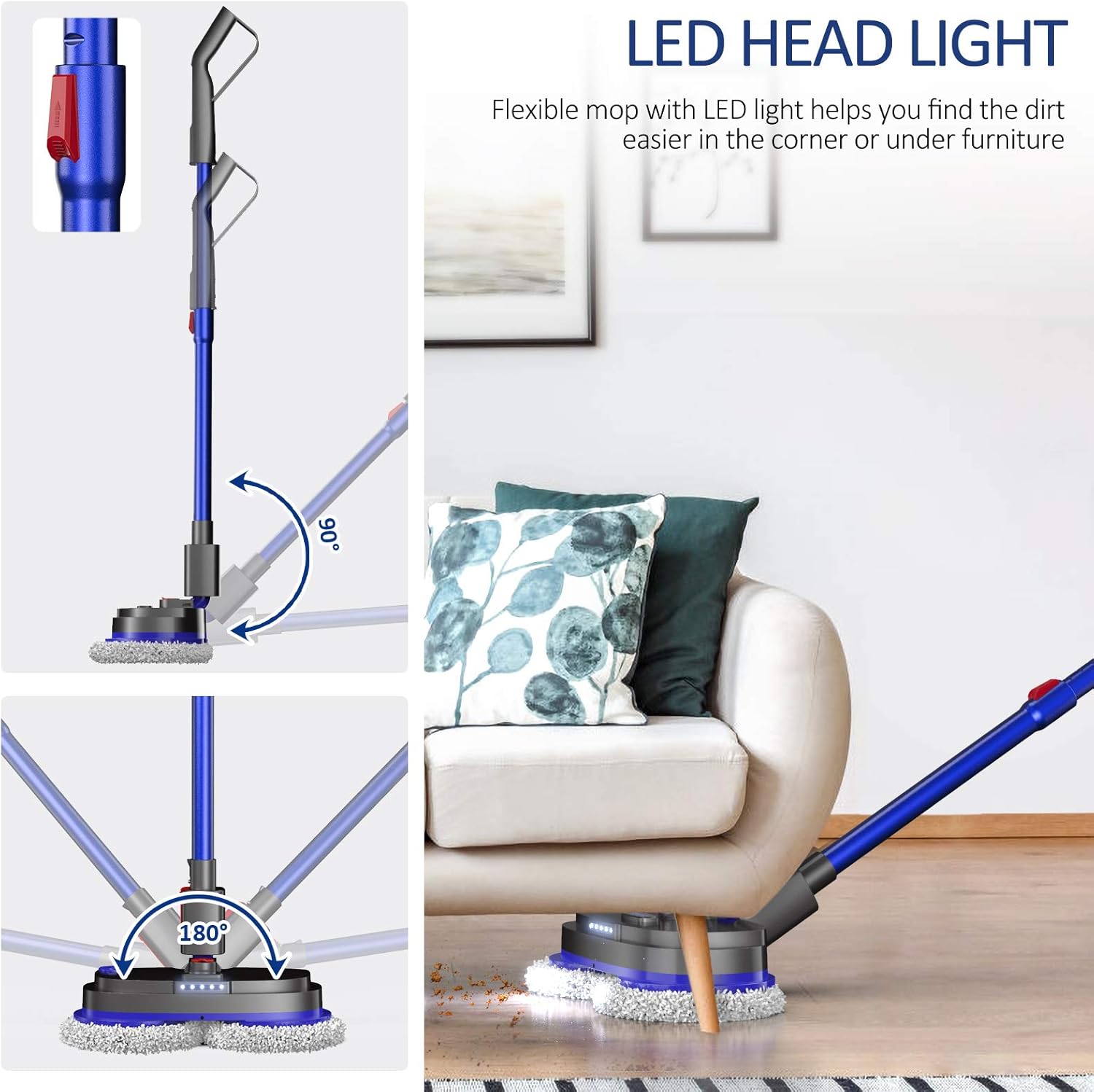 Cordless Electric Spin Mop, Spray Mop for Floor Cleaning with 265R/min Speed, Polisher with Built-in 300ml Water Tank for Hardwood & Tile & Marble & Laminate Floors, Scrubber with LED Headlight: Health & Personal Care