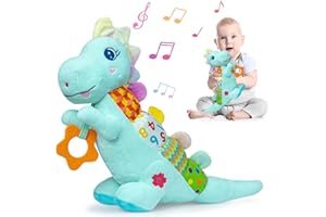HOLAXANDER Baby Dino Plush Soft Stuffed Animal Toy for 0-3-6-12+ Months,Infant Musical Toy with Rattle,Squeaker,Sensory Crinkle,Teether & Textures,Tummy Time Toys Christmas Baby Gift for Newborn Girl Boy (Blue)