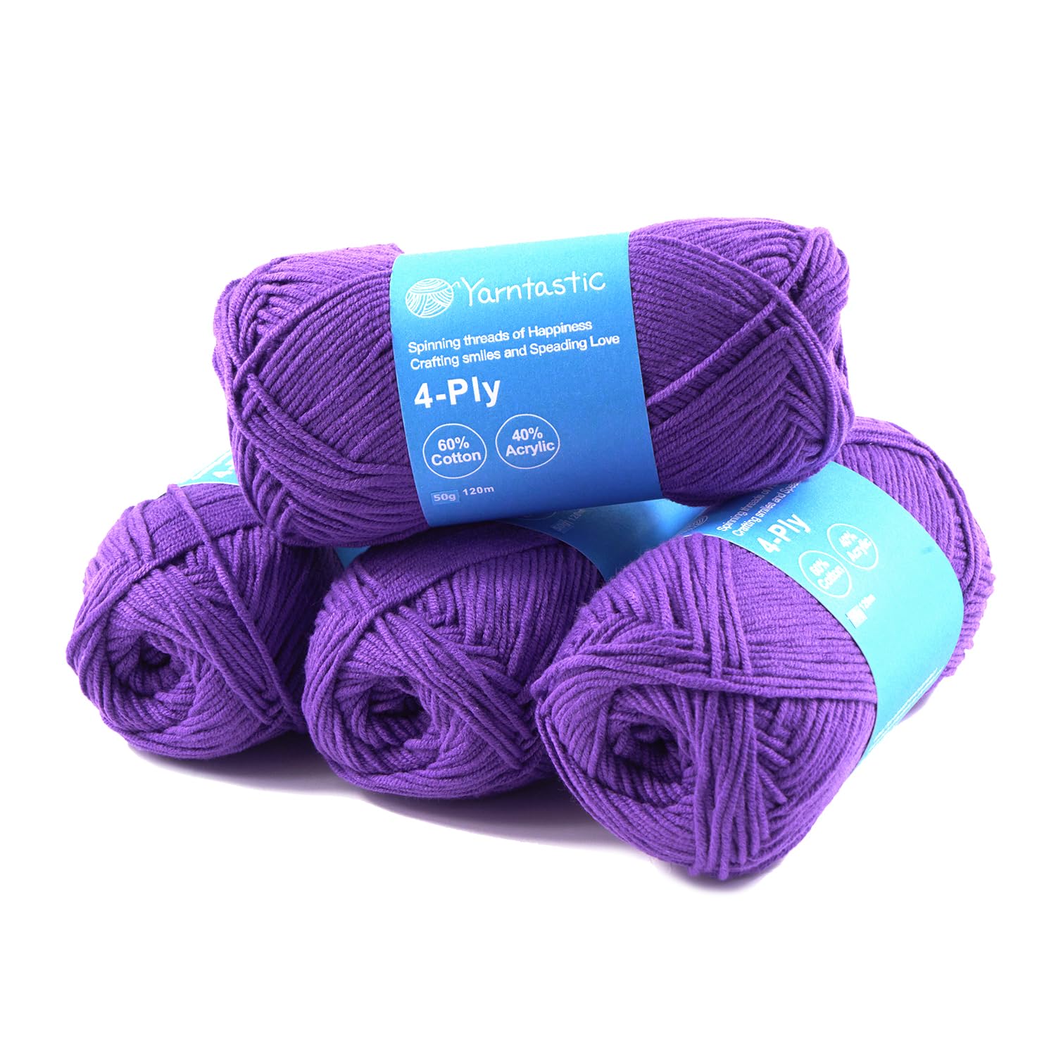 Yarntastic 50g x 4 Balls in a Pack, 4 Ply Yarn, 16 Wraps per inch (About 2.5cm), 60% Cotton 40% Acrylic Blended, 43 Colour Choices; for Knitting, Crochet, Amigurumi, Baby Blanket, Clothing and Others