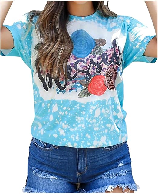 Summer Tops Teen Girls Cute TShirt Colorful Printed Pattern Tee Short Sleeve Crewneck Blouse