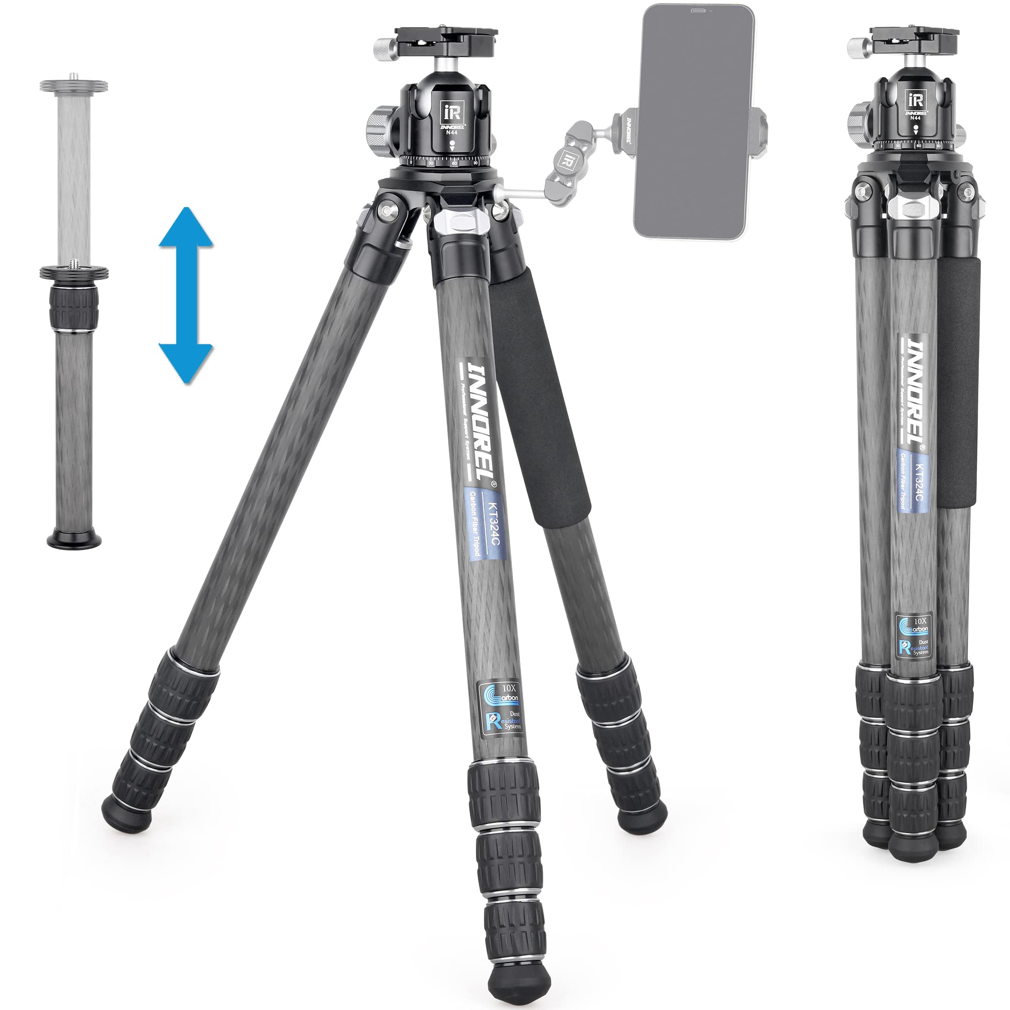 Carbon Fiber Tripod INNOREL KT324C Professional Portable Compact Travel Tripod for DSLR Camera Heavy Duty Stand Support 1.28in/32.5mm Tube with Low Gravity Center Panoramic Ball head Center Column