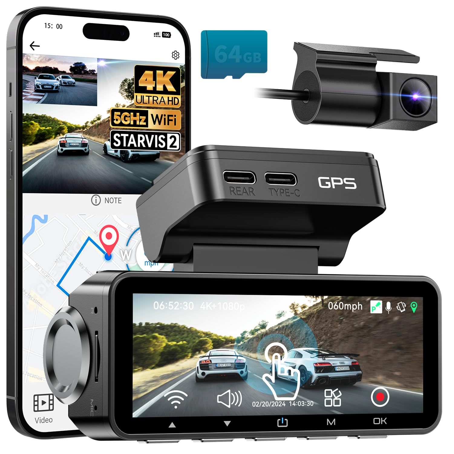 Photo 1 of FOCUWAY Dash Cam Front and Rear, Real 4K@30fps/2K@60fps+1080P@30fps Dash Camera for Car, Touchscreen, Voice Control, with GPS WiFi, HDR Night Vision, 64GB Card, 160° Wide Angle, 24H Parking Mode